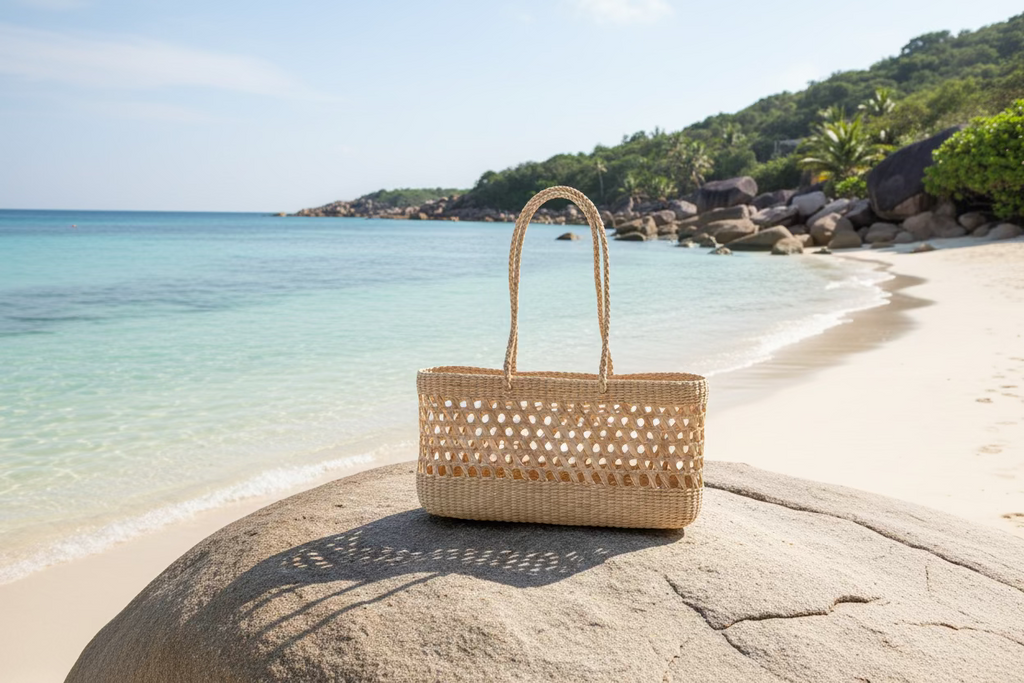 Woven handbag on a beige background