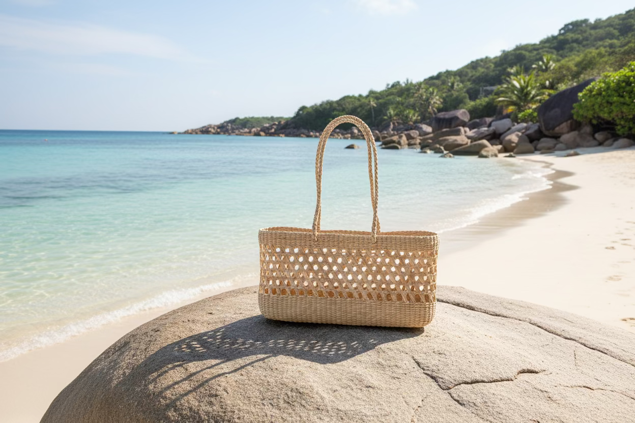 Woven handbag on a beige background
